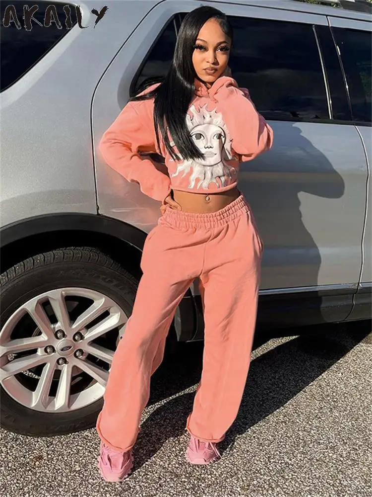 

Akaily Fall Pink 3D Graphic Print 2 Two Piece Pants Set Streetwear For Women 2023 Long Sleeve Loose Hoodies High Waist Pant Set
