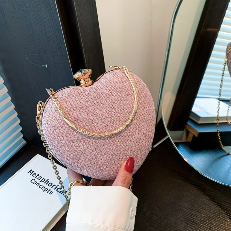 Abend Clutch Tasche Frauen Tasche Glänzende Handtasche Herz Form Metall Kupplungen Tasche Mode Kette Schulter Umhängetasche Luxus Dame Geldbörse – Detail 21