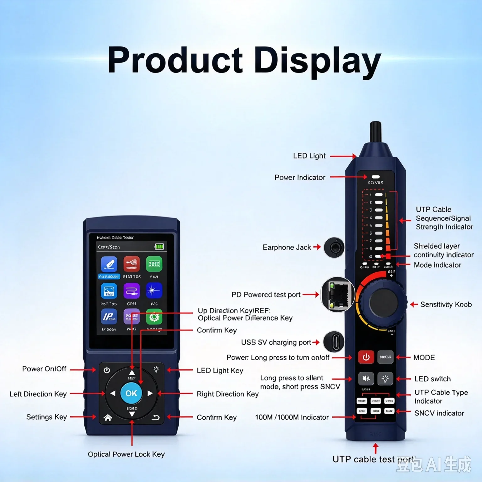 Network Cable Tester OPM VFL RJ45 LAN PoE Tester with IP Scan TDR Cable Length Measurement Network Cable Maintenance LT-500S