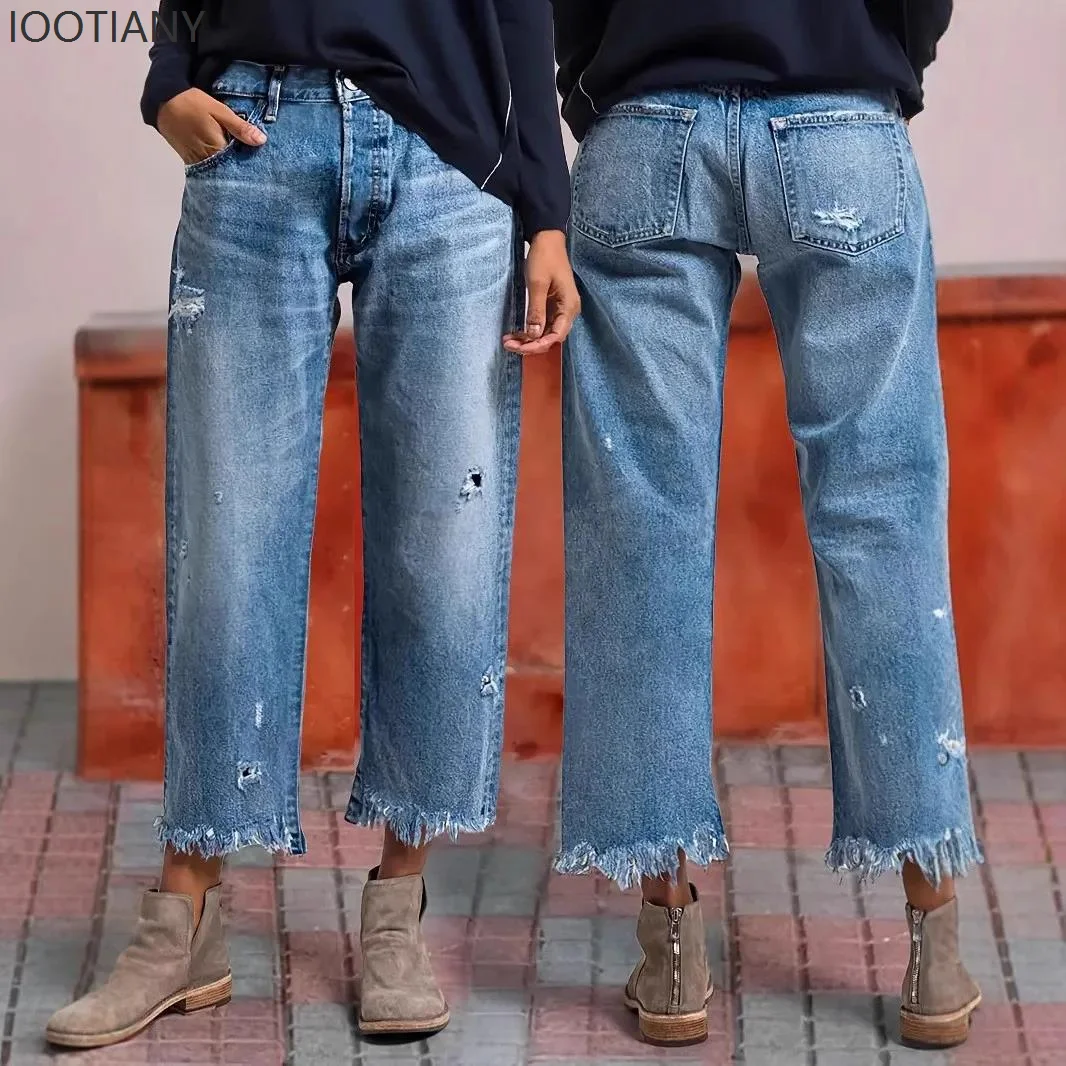 

Прямые джинсы, женские эластичные джинсы, рваные брюки со средней талией, винтажные потертые женские брюки до щиколотки, уличная одежда 2026