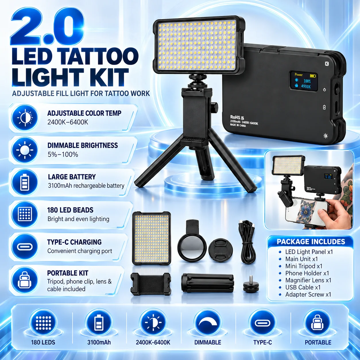 Audersigt Polarized Tattoo Fill Light Anti Glare LED Photography Light for Tattoo Artists Studio Shooting
