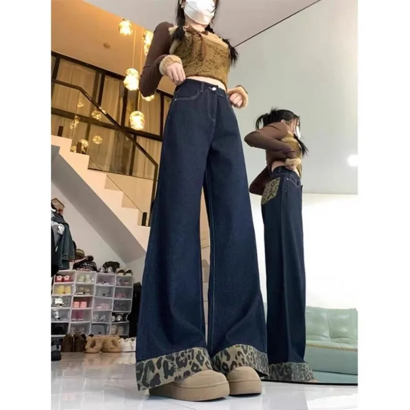 New Spring and Autumn Women's Leopard Print Jeans, Plus-size and Plump Girls Retro Floor-length Loose Slimming Wide-leg Pants