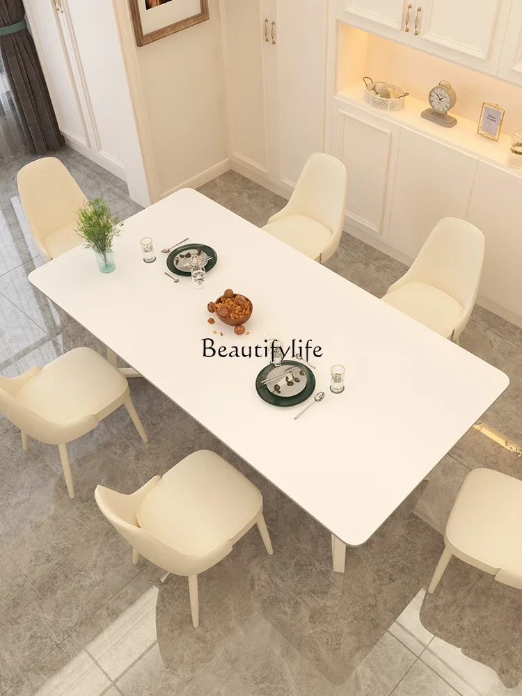 Stone Plate Dining Tables and Chairs Set Cream Style Pure White Rectangular Rice Table