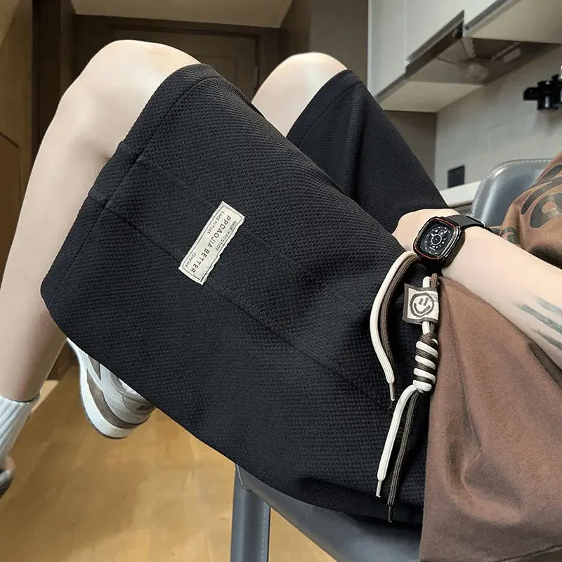 LIBIELIY Fashion Solid Color Pockets Spliced Casual Shorts Men's Clothing 2025 Summer New Loose Elastic High Waist Knee Sports S