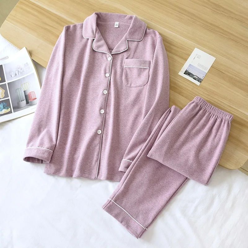 

Womenautumn Warm Loungewear Long sleeves Lapel top Elasticated waist long trousers Simple pajamas for girls