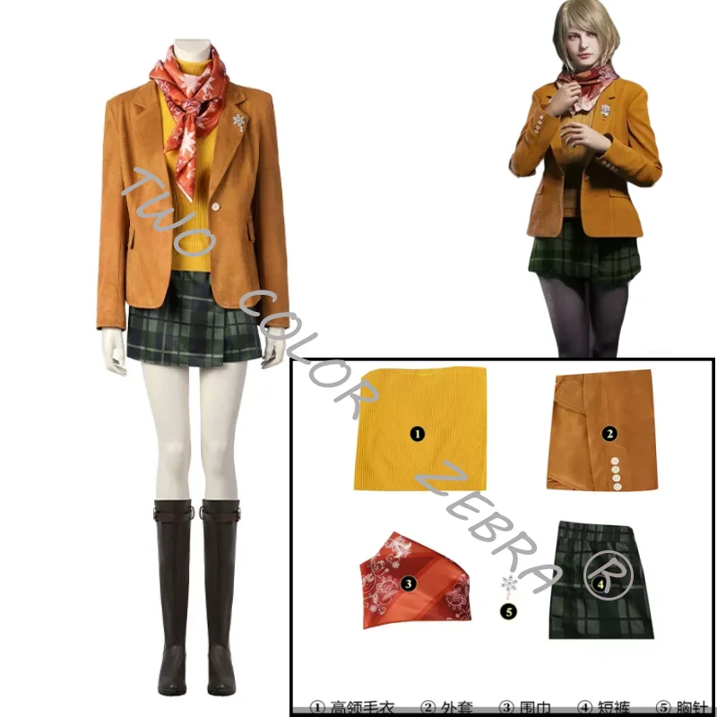 Yellow Sweater Skirt Ashley Graham Cosplay Brown Blazer & Props Costume Set Game Resident Evil 4 Remake for Halloween Party view 6