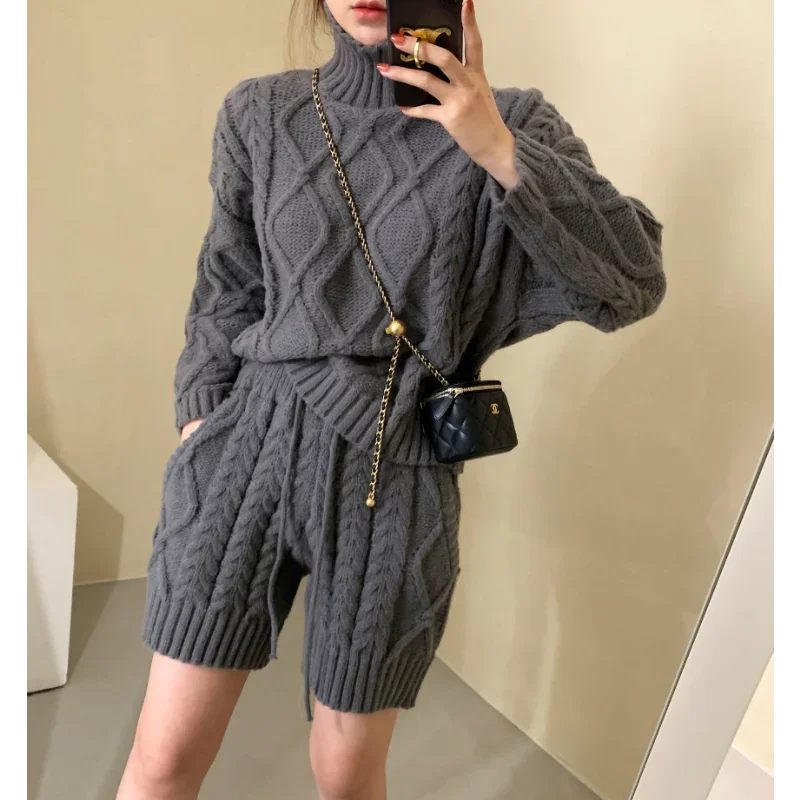 REALEFT Autumn Winter 2 Pieces Women\'s Sweater Outfits Long Sleeve Turtleneck Sweater and Knit Shorts Pants Female Suits