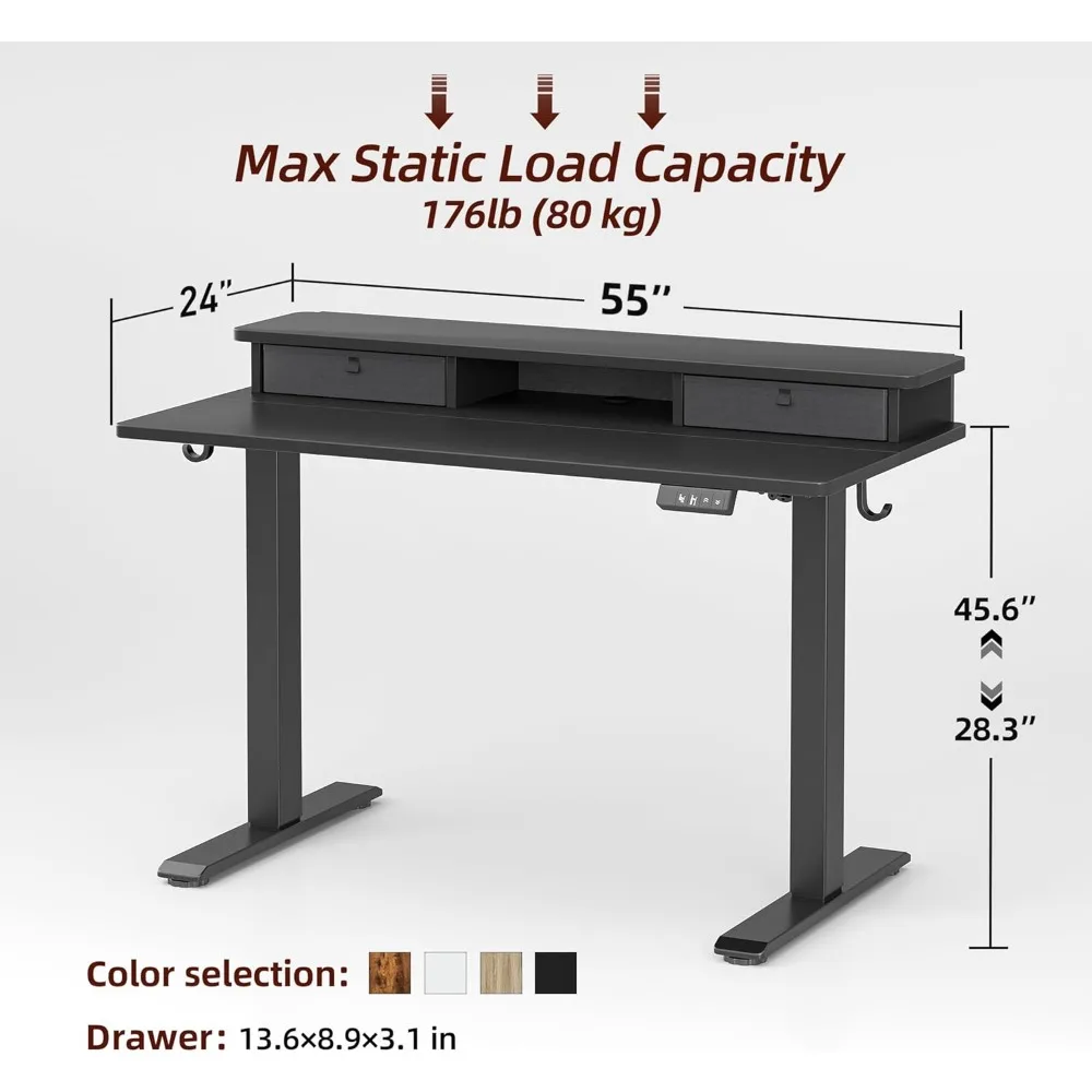 مكتب قائم كهربائي قابل للتعديل بارتفاع 47 × 24 بوصة مع رف تخزين ودرجين