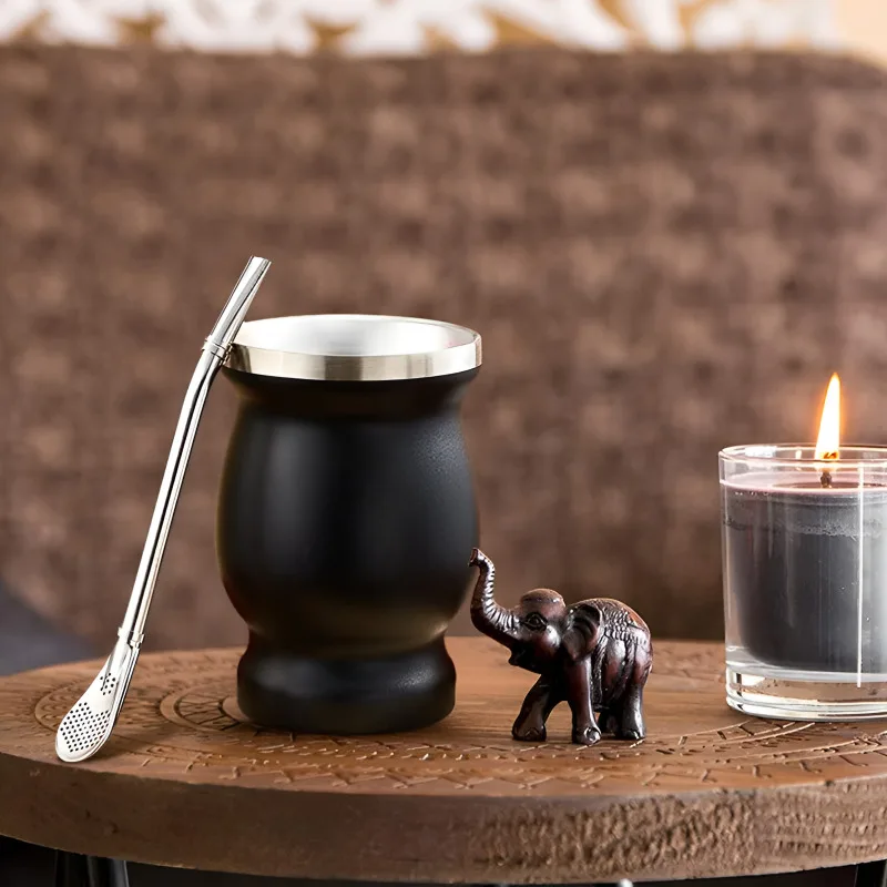 

Amazon Stainless Steel 8oz Yerba Mate Cup Gourd-Shaped Tea Cup with Spoon and Brush