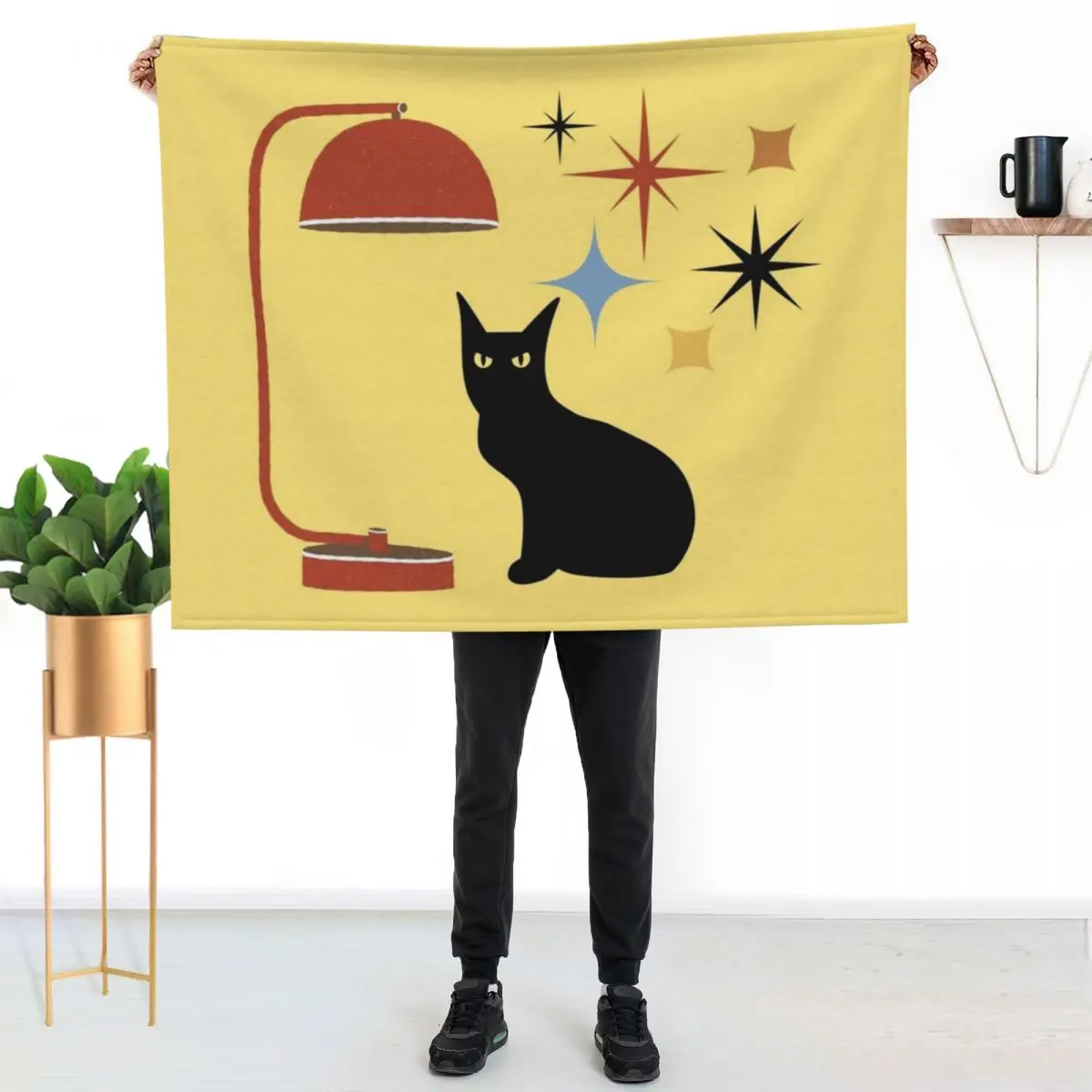 Retro Mid Century Atomic Black Cat, Mid century cat,retro atomic cats, Throw Blanket Soft Soft Plush Plaid Soft Big Blankets