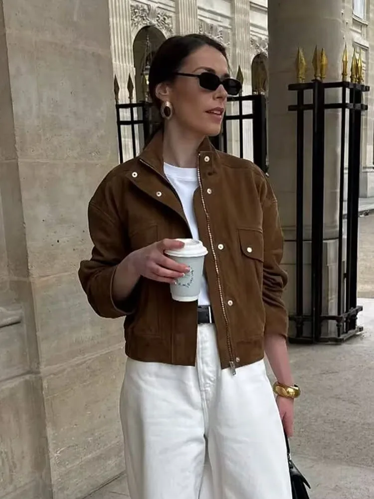 HH Woman Fashion Long Sleeves Zipper High Neck Pockets Decorative Coats Women's Autumn Elegant Suede Textured Street Jacket