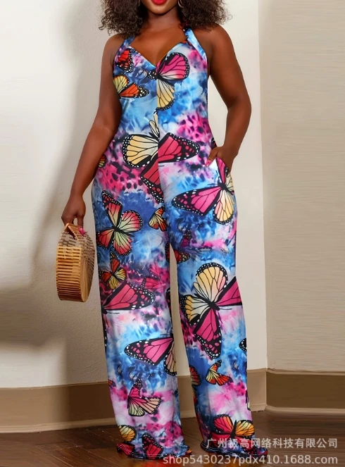 Jumpsuit Women 2024 Summer Fashion Butterfly Print Halter Backless Sleeveless Pocket Design Casual Daily Wide Legs Long Jumpsuit