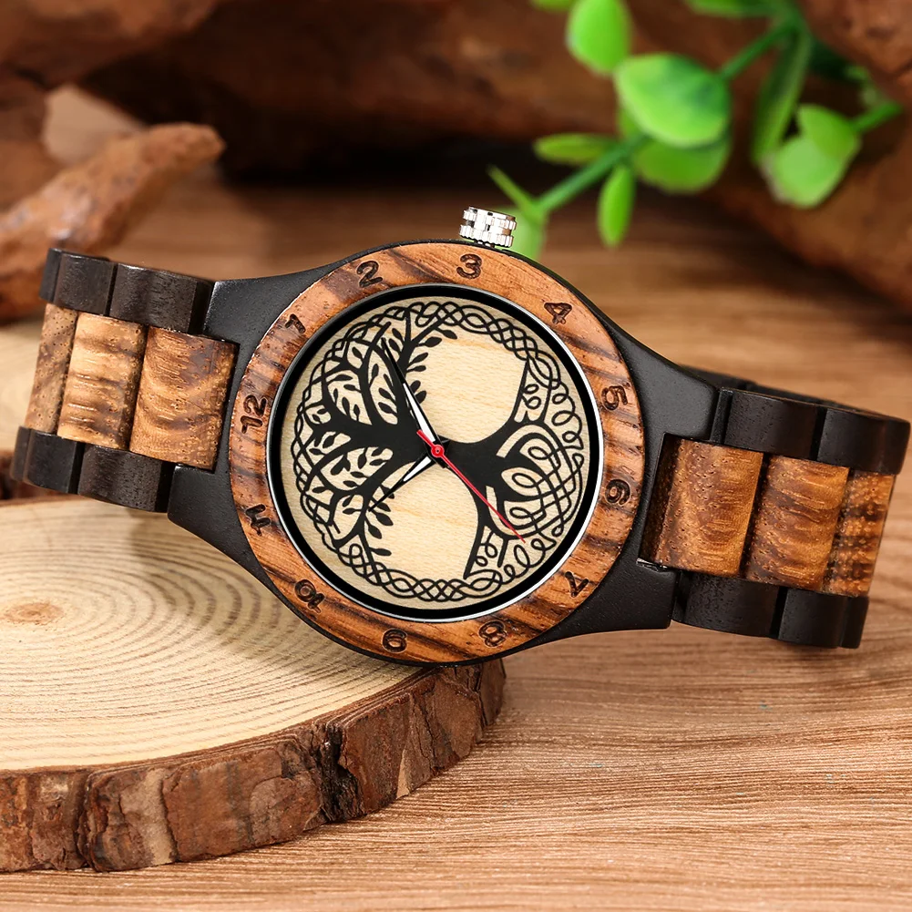 Frauen Holz Uhren Skala Arabischen Ziffern Zebra Holz Armbanduhr Klapp Verschluss Leben Baum Muster Zifferblatt Holz Uhr für Frauen