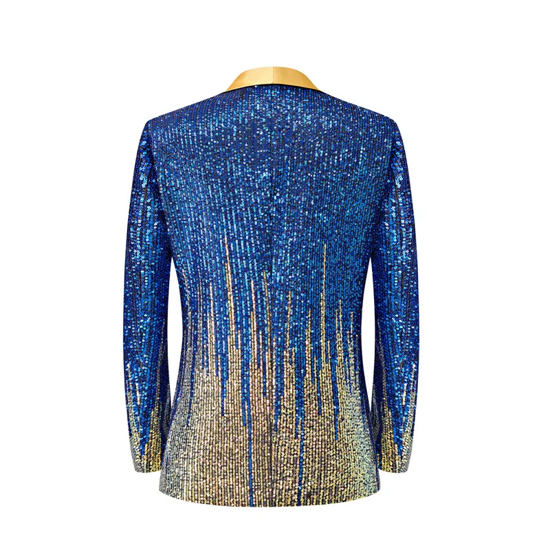 メンズブルーとゴールドのスパンコール装飾ブレザー,ウェディングドレス,ステージパフォーマンスジャケット,アジアンサイズM-5XL,ファッション