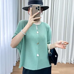 Miyake Pleated 2024 Summer Casual Korean Style Bat Short-sleeved Round Neck Button Solid Color Fashionable Slim Top for Women