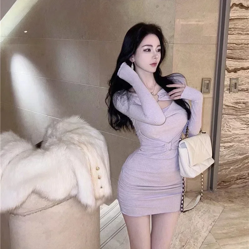 Long Sleeve Female Knit Dress Purple Women\'s Crochet Dresses Autumn and Winter Retro One-piece Korean Style Cheap Casual Y2k Xxl