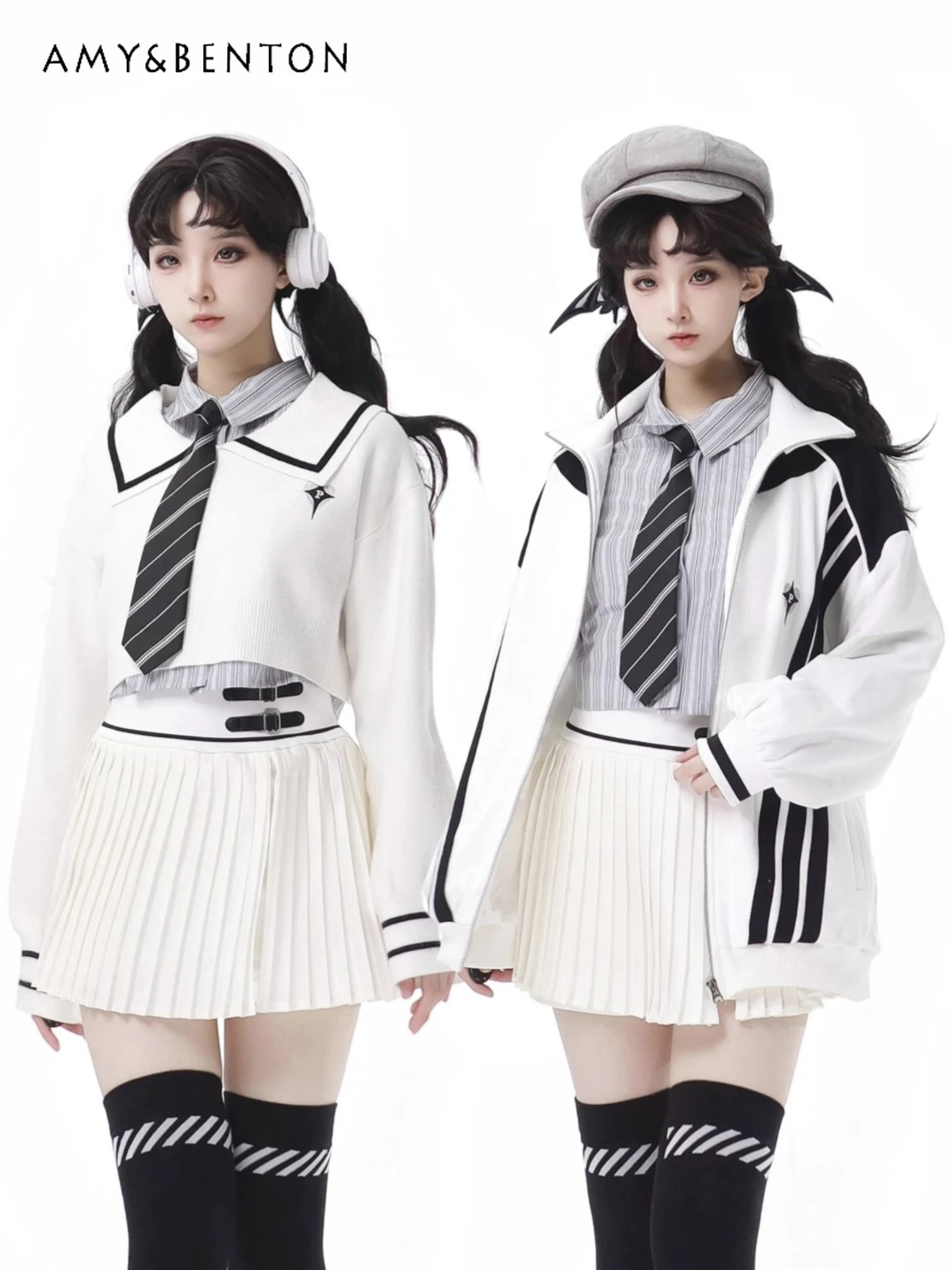 Casual Sports Style Suit Preppy Style Lapel Collar Short Sweater Buckle Pleated Skirt Hot Girl Two-piece Set Women Autumn New