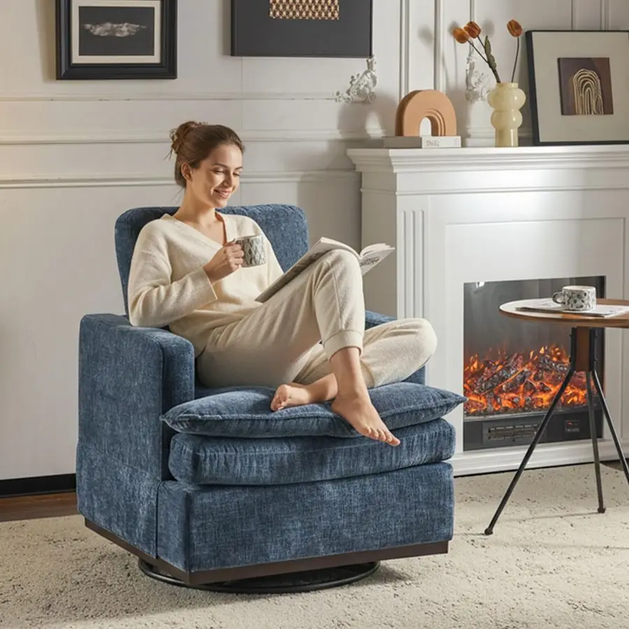 

360 Swivel MidCentury Modern Accent Armchair with DoubleLayer Seat Cushions, Comfy Single Square Sofa, Upholstered Club Chair