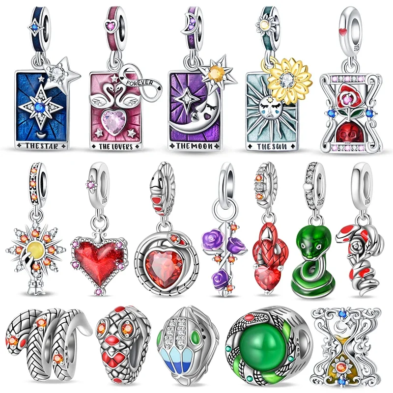 100% 925 Sterling Silver Exquisite Tarot Cards Bracelet Pendants Blood Red Fire Snake Rose Charms Beads DIY Jewelry For Women