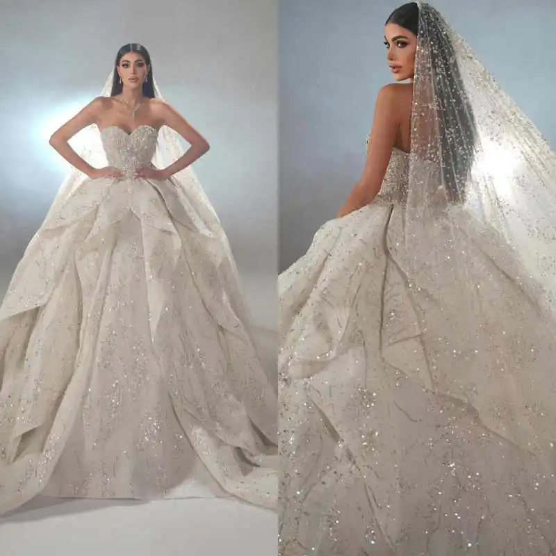 

Glitter Sweetheart Sequins Wedding Dresses Ball Gown Fashion Sleeveless Lace Bridal Dress Sweep Train Bride Gowns Customized
