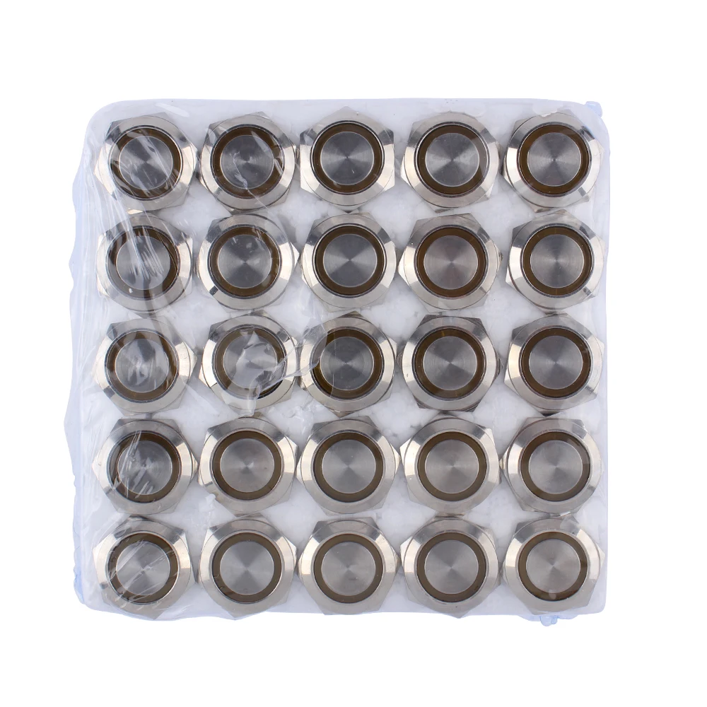 방수 금속 푸시 버튼 스위치, LED 조명 포함, 플랫 헤드, 순간 자체 리셋 또는 래칭, 4 핀 고정, 12V, 16mm, 19mm