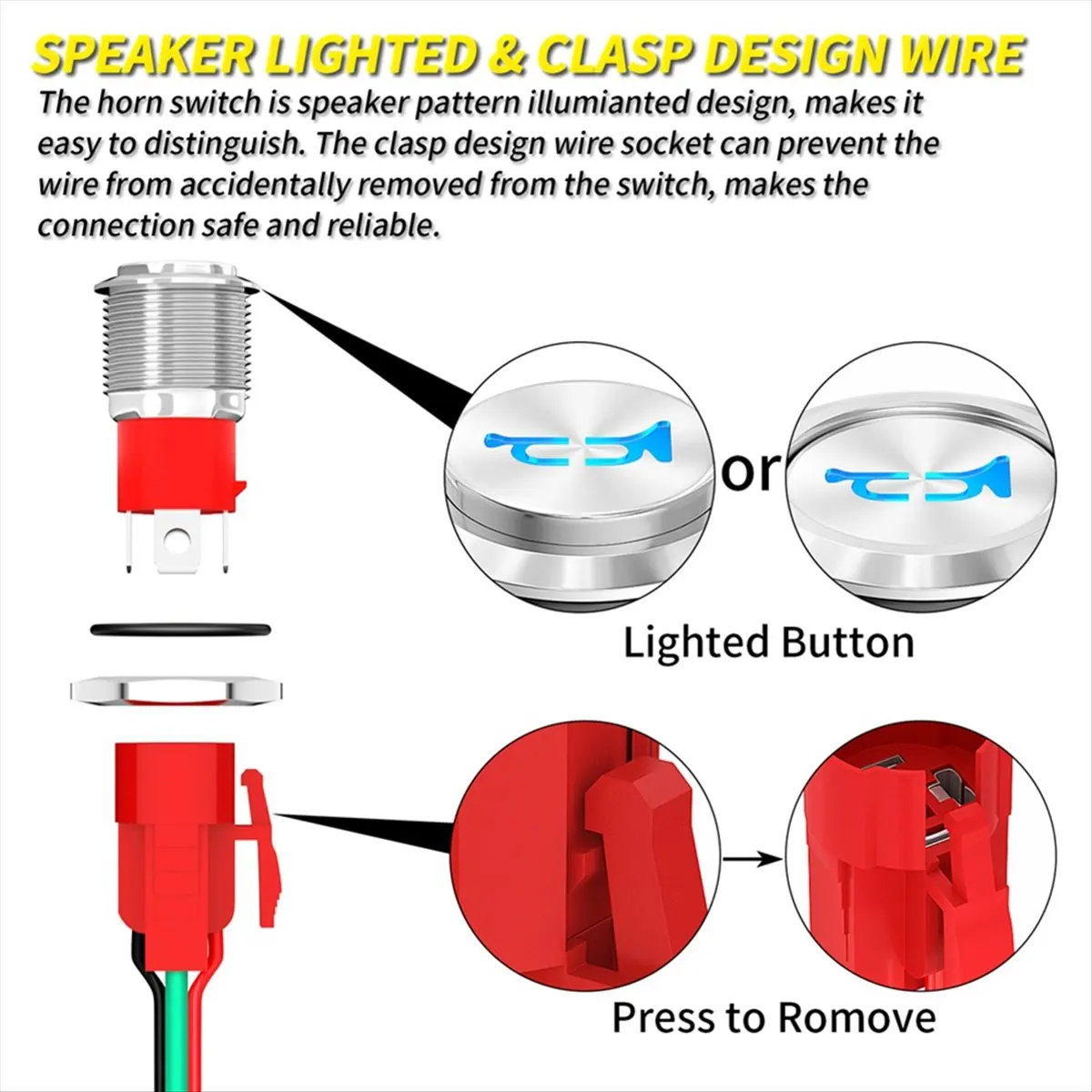 HITL Horn Button 12V 20A Heavy Duty 16MM Metal Horn Switch Speaker LED Stainless Steel Momentary Push Button Switch