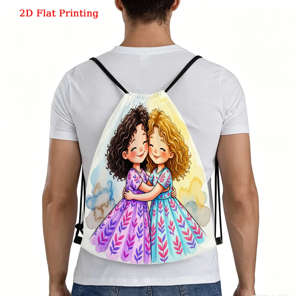 2D Cartoon Girls Hugging Pattern Drawstring Backpack Fitness Sports Outdoor Travel Bag