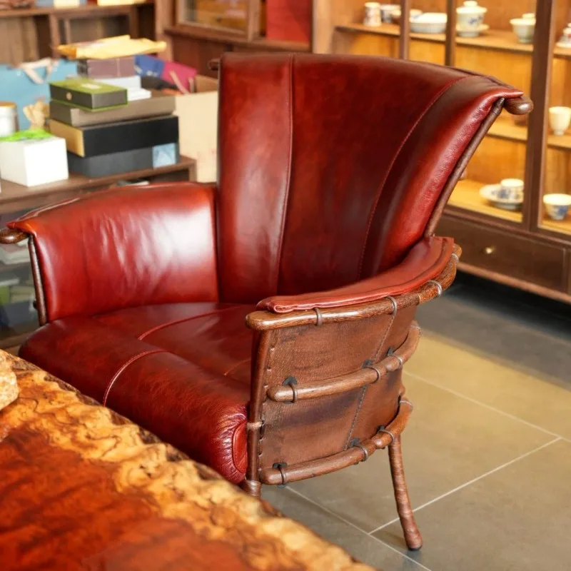 White Forest Tribal Palm Room Master Chair Sofa Chair, Living Room Light Luxury Red Meal High-end Chair Handmade Leather