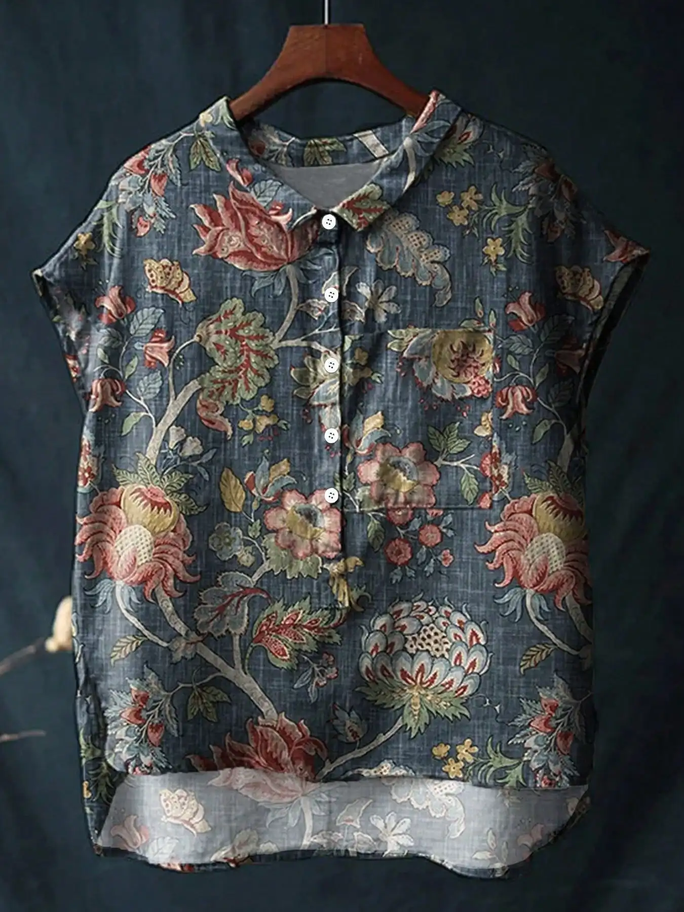 Women's short-sleeved retro ethnic floral art print casual shirt