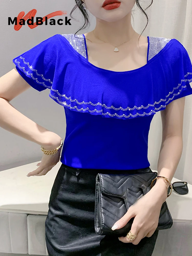 

MadBlack Summer European Clothes Tshirts Women Sexy Ruffled Patchwork Drilling Short Sleeved Mesh Tops Bottoming Tees T36702JC