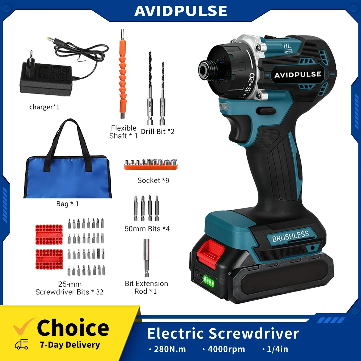 AvidPulse 20+1 Torque 1/4inch Brushless Cordless Electric Screwdriver 280N.m Drill Power Tool Compatible with Makita 18v Battery