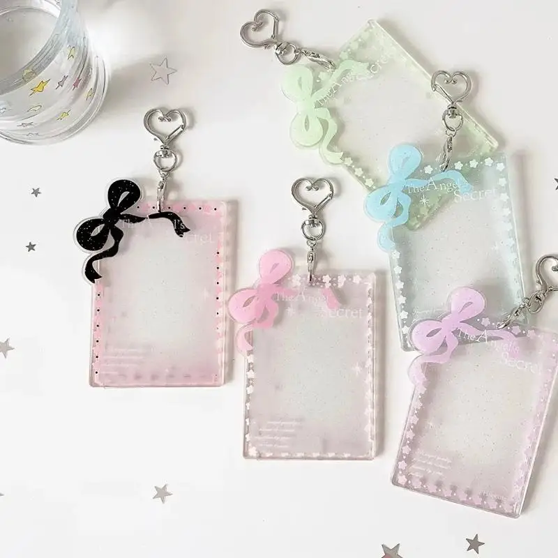 1Pcs Transparent Acrylic Glitter Photocard Holder Bow‑Heart Keychain For Kpop Merch Collection Accessories **** view 3