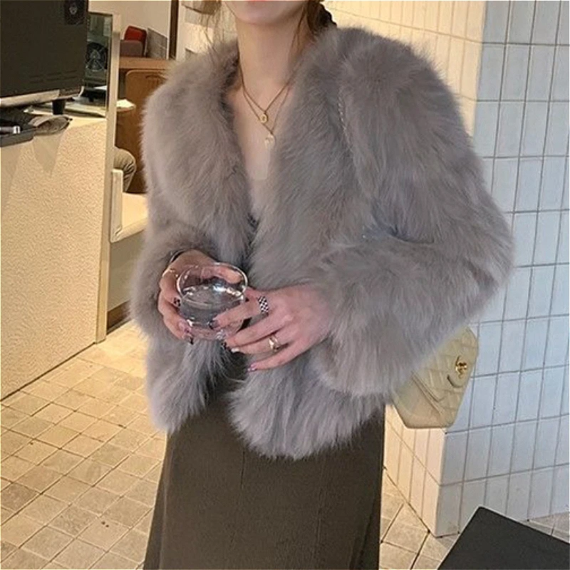 Women Faux Fox Fur Coats Solid Fur Jackets Short Cotton Linen V Neck Long Sleeve Open Stitch Loose Fit Casual 2026 Autumn Winter