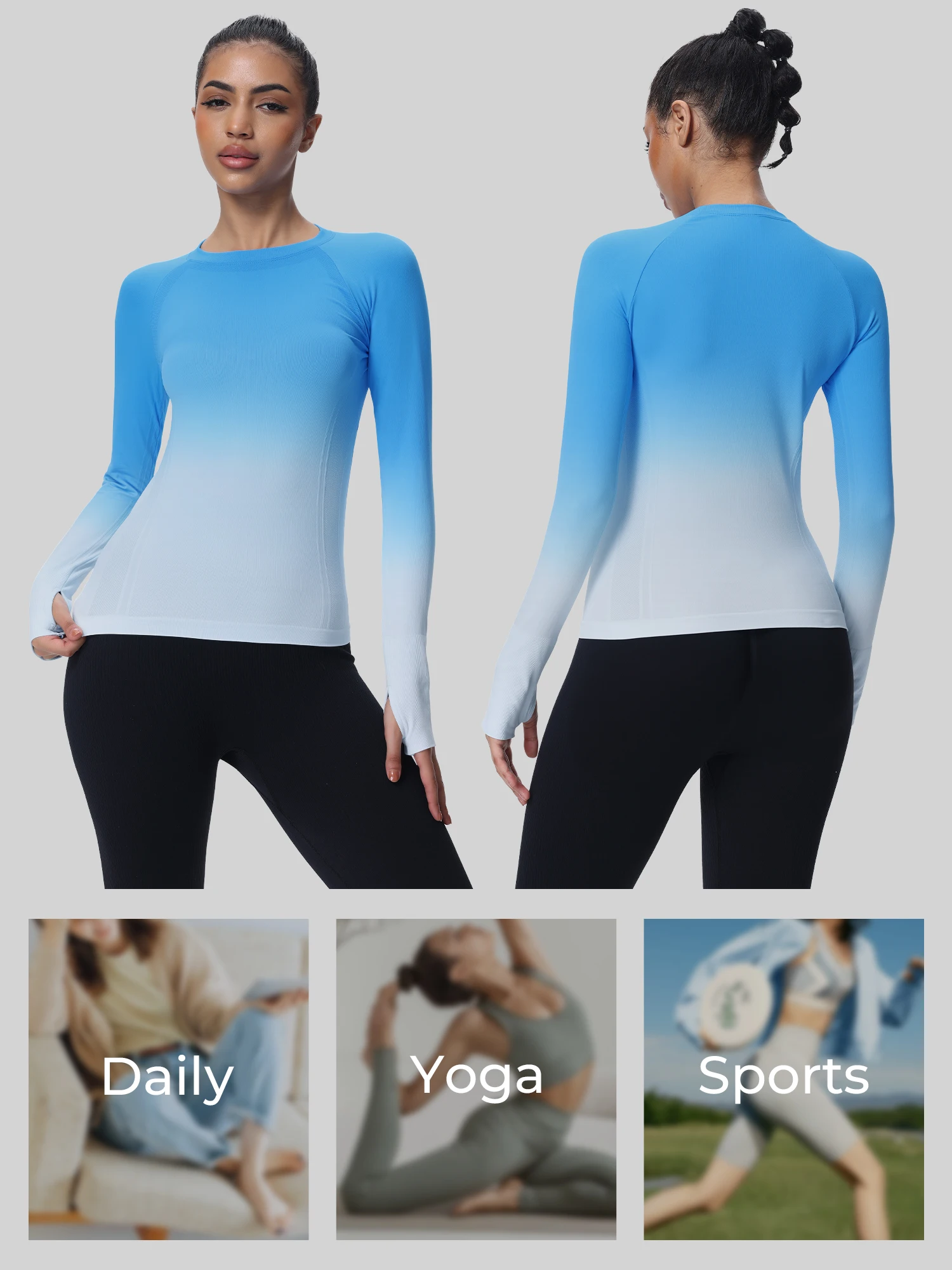 Long Sleeve Workout Tops for Women, Gradient Running Athletic Shirts, Seamless Breathable Tops with Thumb Holes