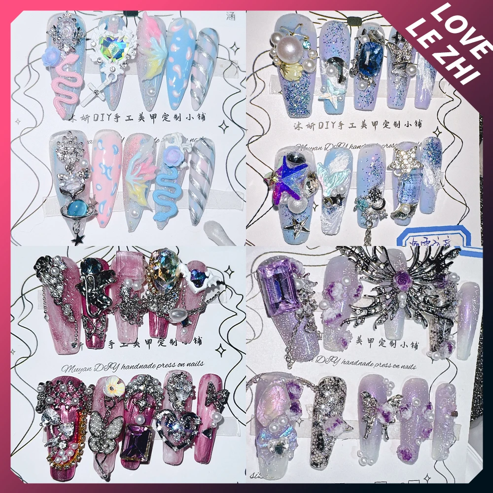 

Spice Girl Light Luxury Long Stiletto Coffin Handmade Press On Nails Flash Rhinestone Pearl Wings Butterfly Wearable Fake Nails