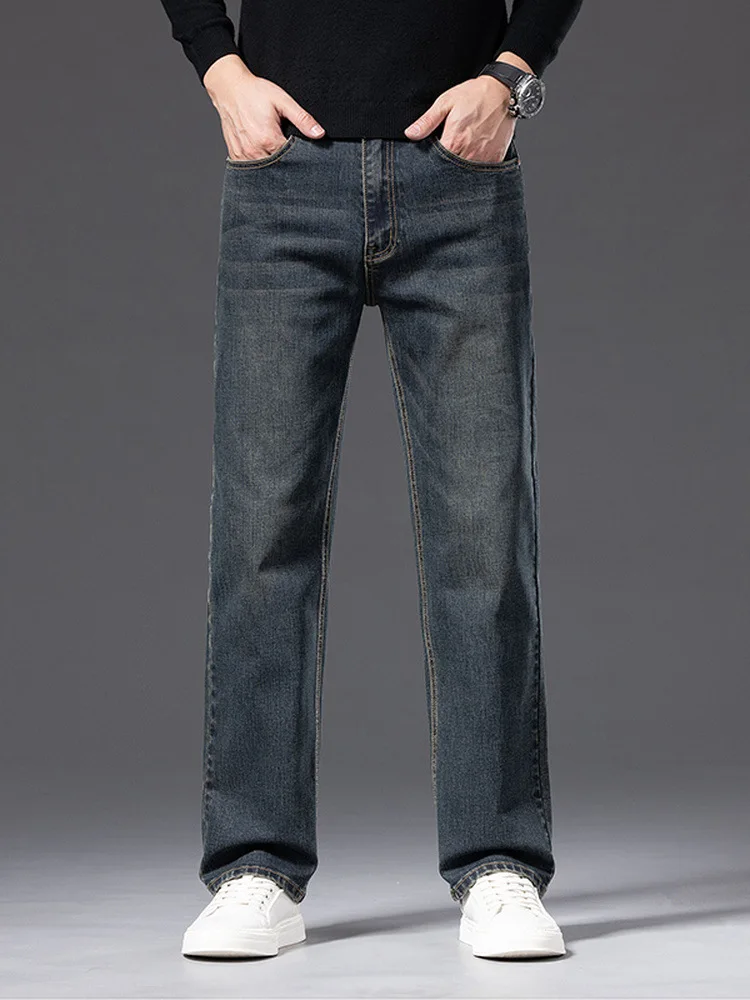 

Autumn Winter Thick Middle-aged Men's Jeans Stretch Retro Washed Loose Straight Versatile Casual Pants