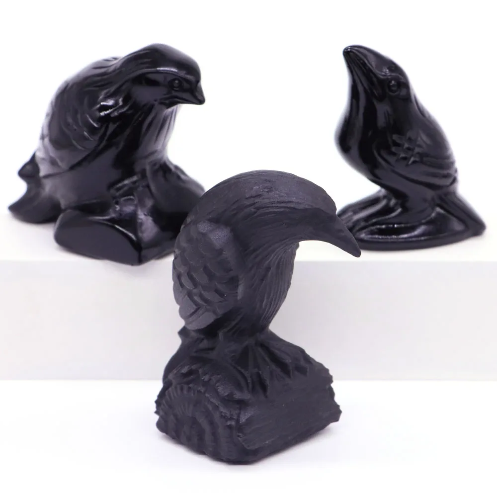 3 Size Raven Statue Natural Stone Black Obsidian Quartz Crystal Bird Skull Hand Carved Collectible Mineral Sculpture Home Decor