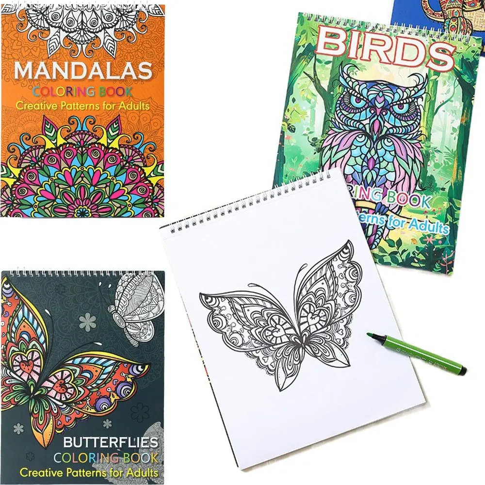 

Mandala/Birds/Butterfly/Animal Kids Coloring Book Single Side Spiral Coloring Pattern for Adult Fine Illustration