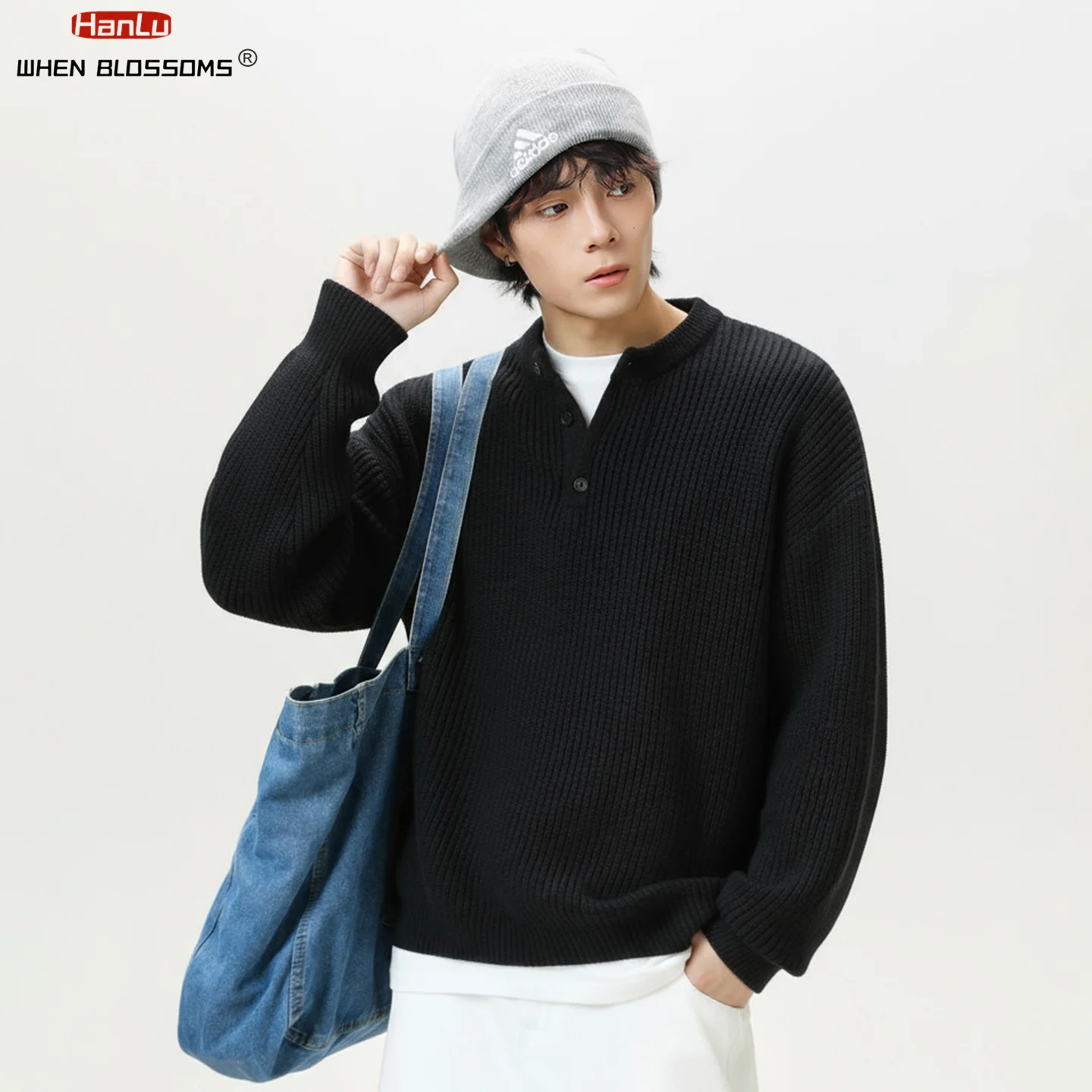 HANLU 2025 Men's Vintage Henley Neck Knit Sweater Heavyweight Textured Pullover Winter Thermal Crewneck Top