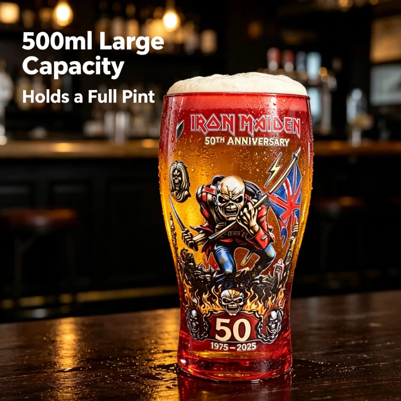 Iron Maiden 50th Anniversary Red Pint Glass 500ml Rock Band Eddie Beer Cup Collectible Drinkware for Home Bar Fan Gift