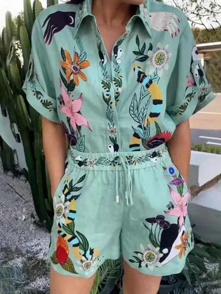 2024 New Fashion Trend Design Chic Print Summer Women's Two-piece Short-sleeved Blouse Top and Drawstring Shorts Set Goddess