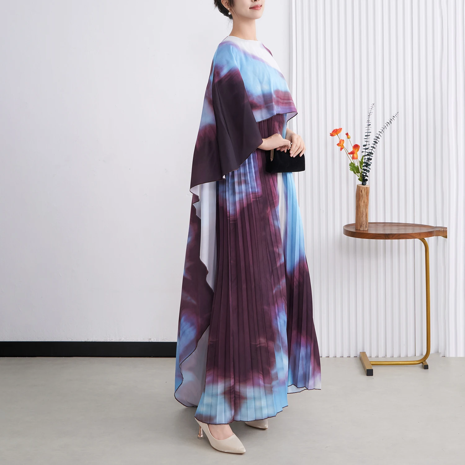 

2025 Latest Design Women's Long Dress Casual Gradient Kaftan Dress Bat Sleeve Pleated Dress