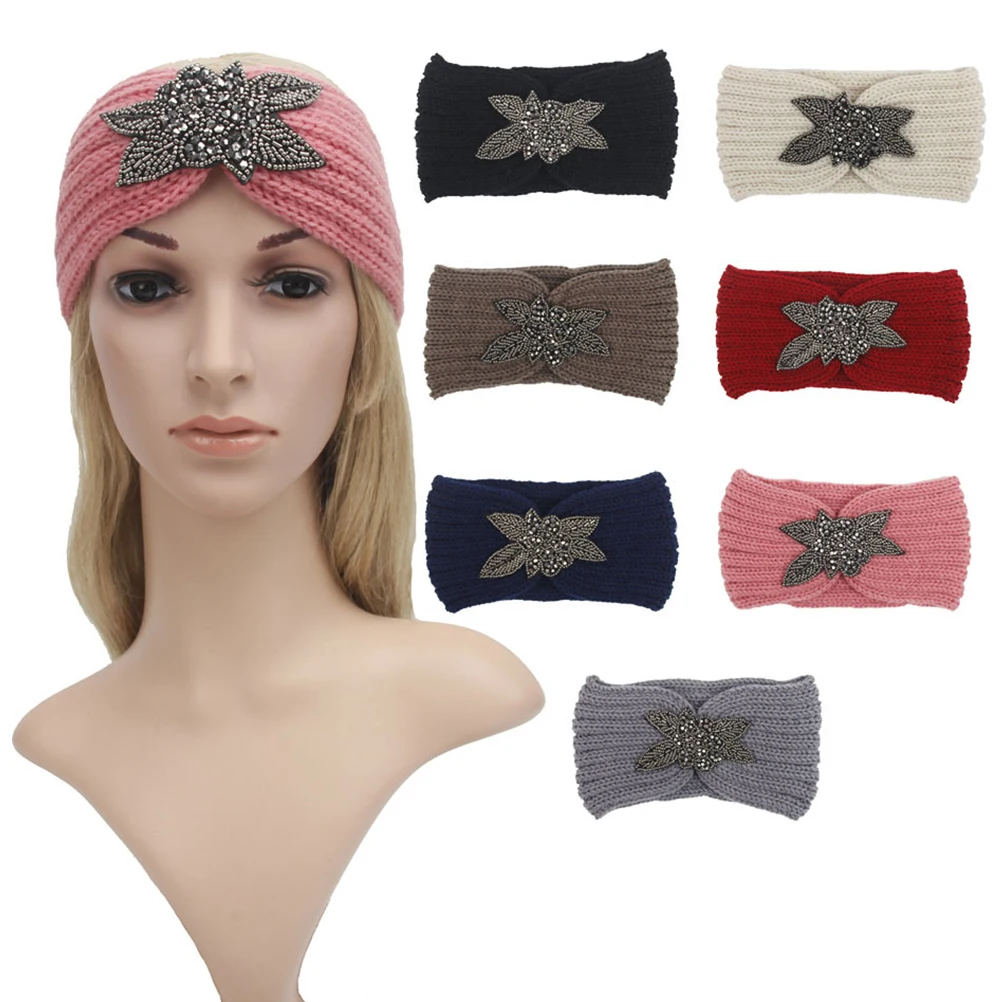 

Drill Tape Headbands Women Girls Warm Winter Knitted Hair Accessory Flower Pattern One Size Fits Most Yoga Exercise Face Washing
