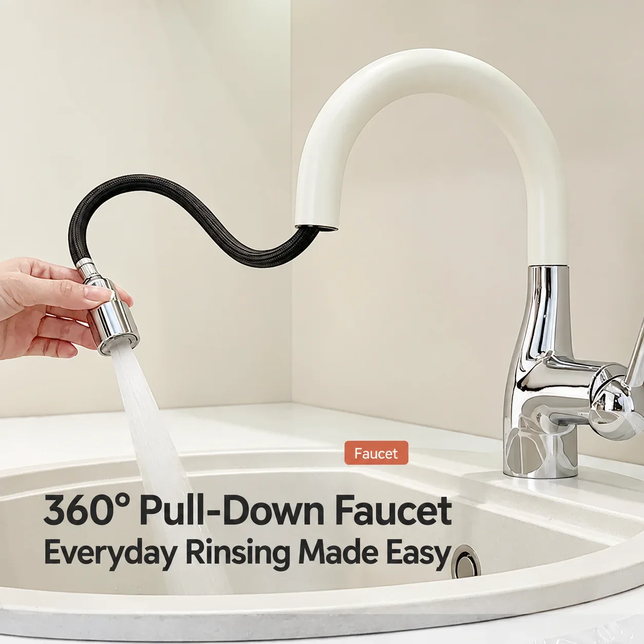 Cream White Brass Bathroom Faucet Pull Out Hot Cold Basin Mixer Tap 360 Swivel Vanity Sink Hidden Flip Spray