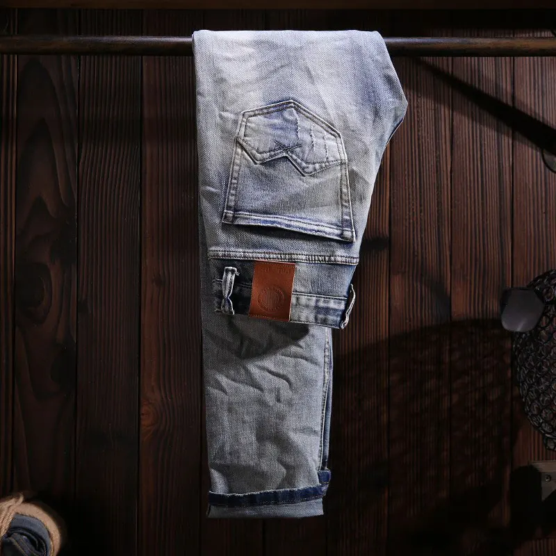 Street Fashion Men Jeans Retro Light Blue Stretch Slim Fit Hole Ripped Jeans Men Embroidery Designer Vintage Denim Pants Hombre