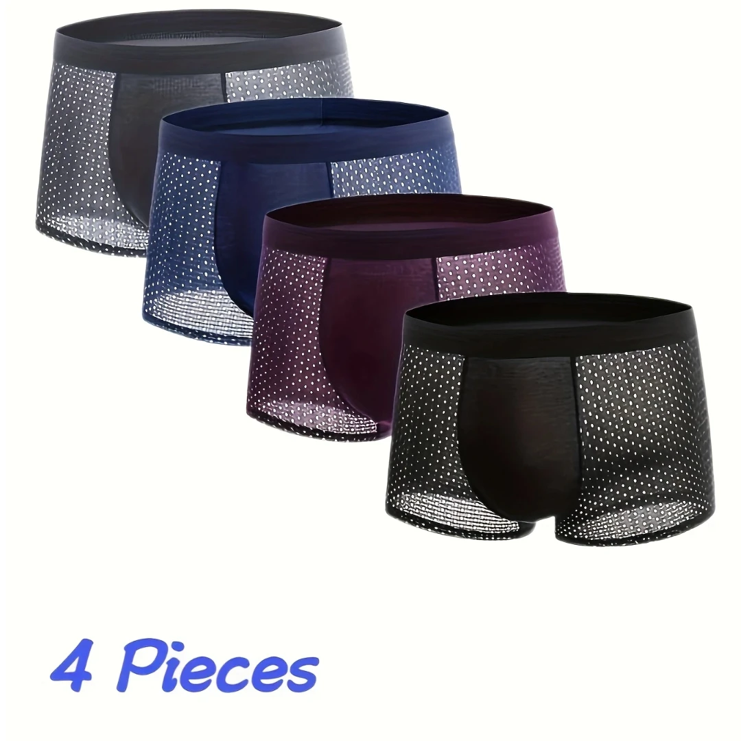

Мужские мягкие дышащие трусы-боксеры, упаковка из 4 штук — полиэстер, средняя эластичность, однотонный цвет, контрастная сетка, трикотаж, 120 г/м2.