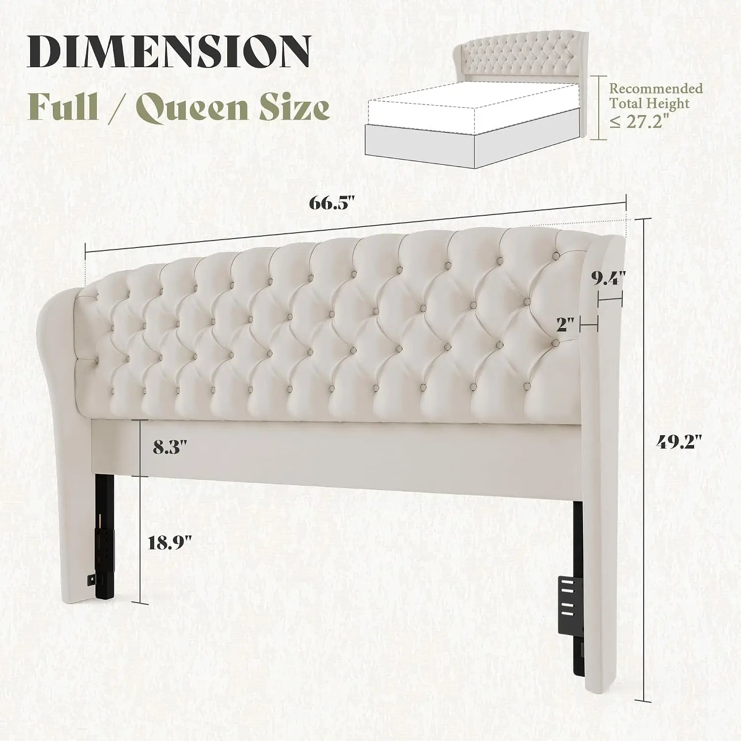 Velvet Wingback Headboard Full/Queen Size Button Tufted Curved Design Easy Assembly Contemporary Bedroom, Customized