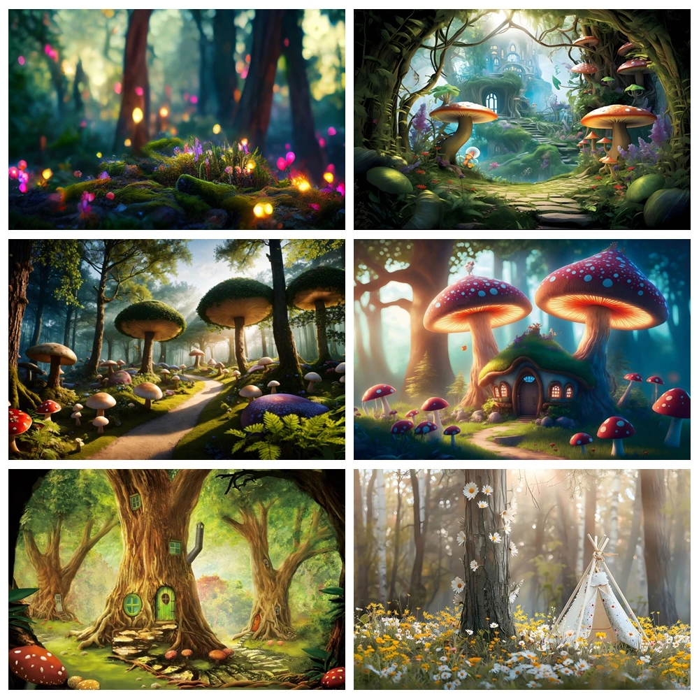 

Enchanted Forest Backdrops Fairy Tale Mushroom Tree House Baby Shower Kids Birthday Party Photography Background For Photo Studi