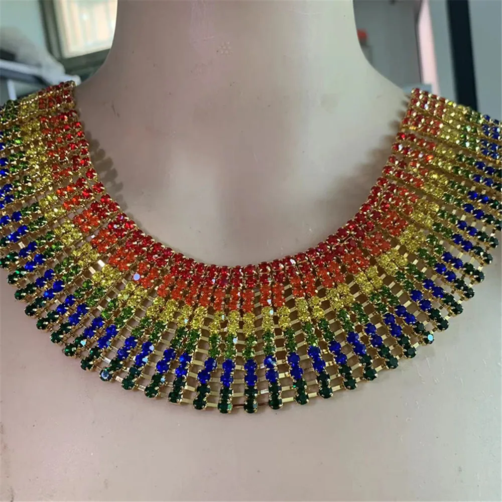 Hyperbolic Rhinestone Multiple Rows Rainbow Wide Bib Choker Necklace Wedding Jewelry for Women Shiny Crystal Big Collar Necklace