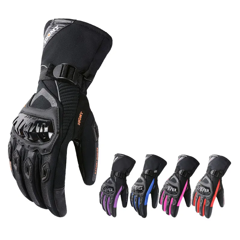 Winter Thermal Leather Riding Gloves For Motorbike Cycling Full Fingers Breathable Waterproof Anti-Slip Adjustable Wrist